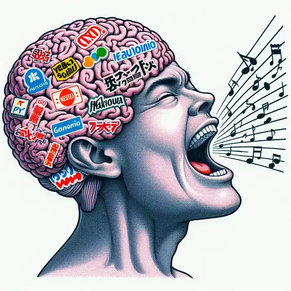 Hombre cantando mientras las marcas se alojan en su cerebro.